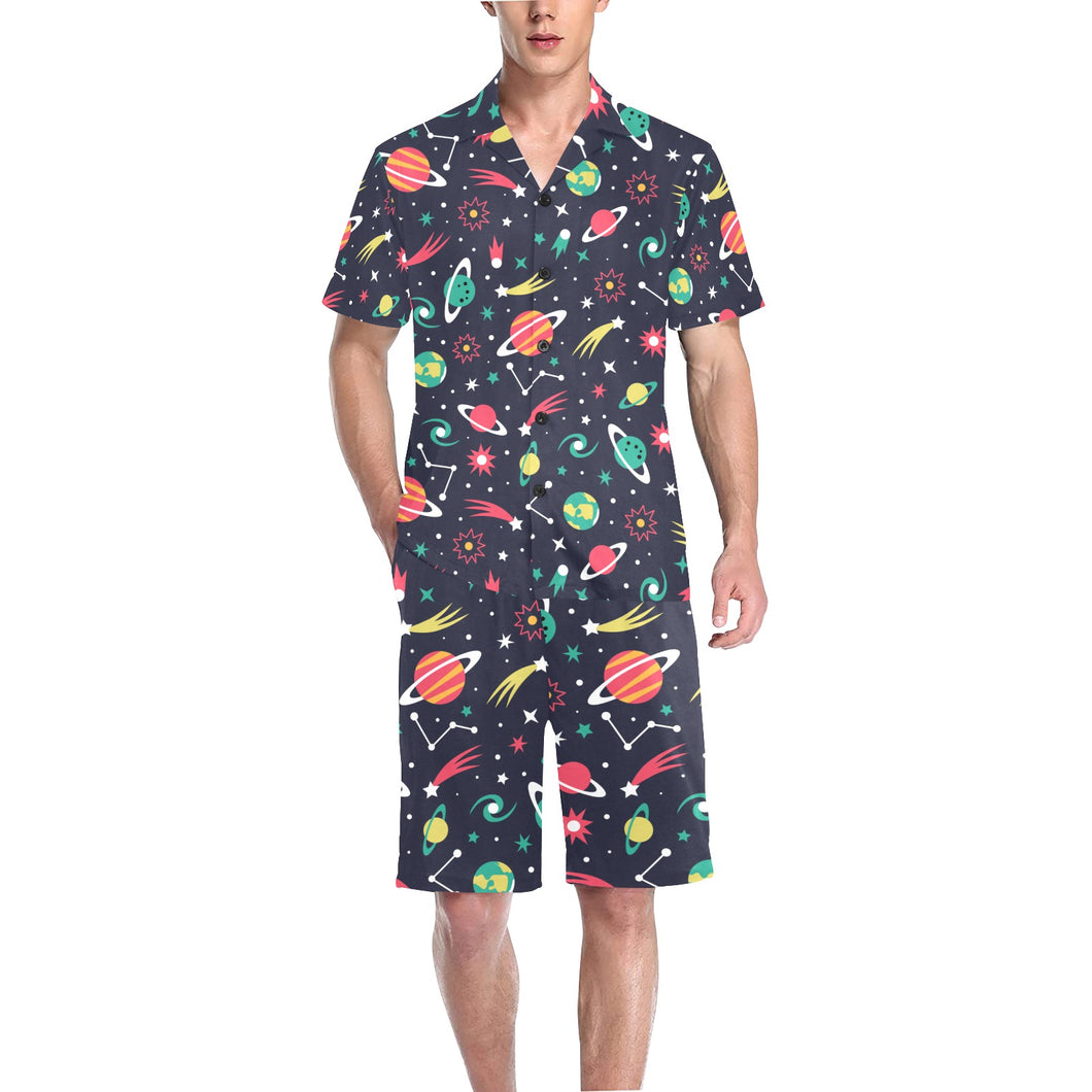 colorful space pattern planet star Men's V-Neck Short Pajama Set