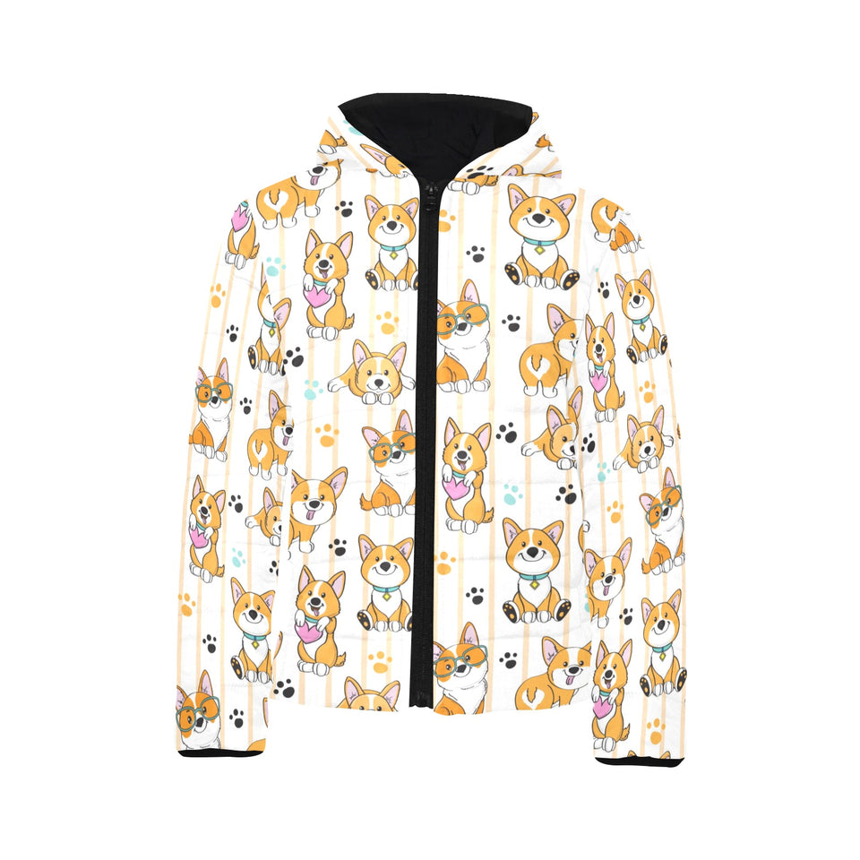 Cute dog corgi striped background pattern Kids' Boys' Girls' Padded Hooded Jacket