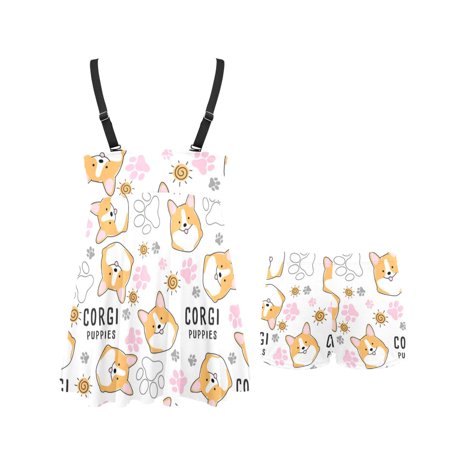 Corgi Dog Pattern Chest Sexy Pleated Two Piece Swim Dress