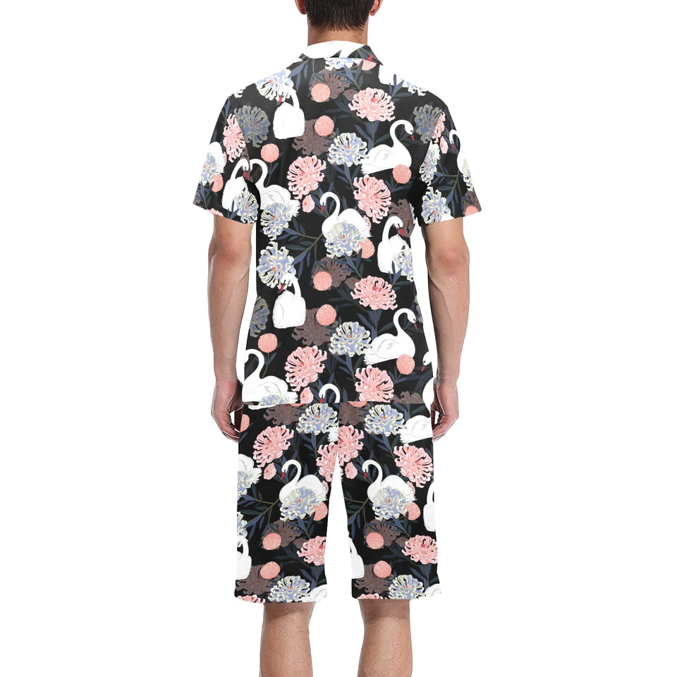 white swan blooming flower pattern Men's V-Neck Short Pajama Set
