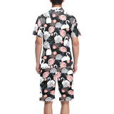 white swan blooming flower pattern Men's V-Neck Short Pajama Set