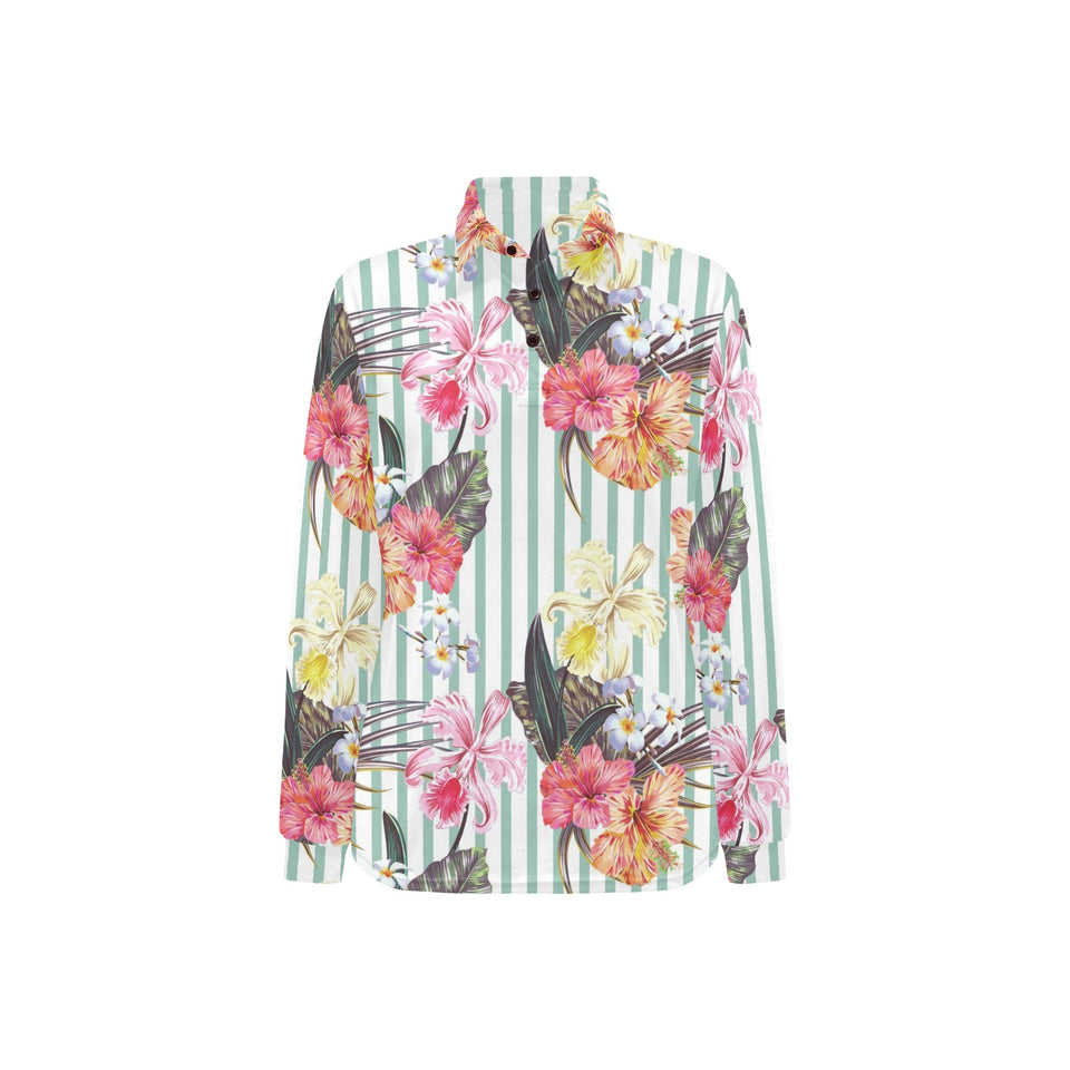 Colorful orchid flower pattern Women's Long Sleeve Polo Shirt