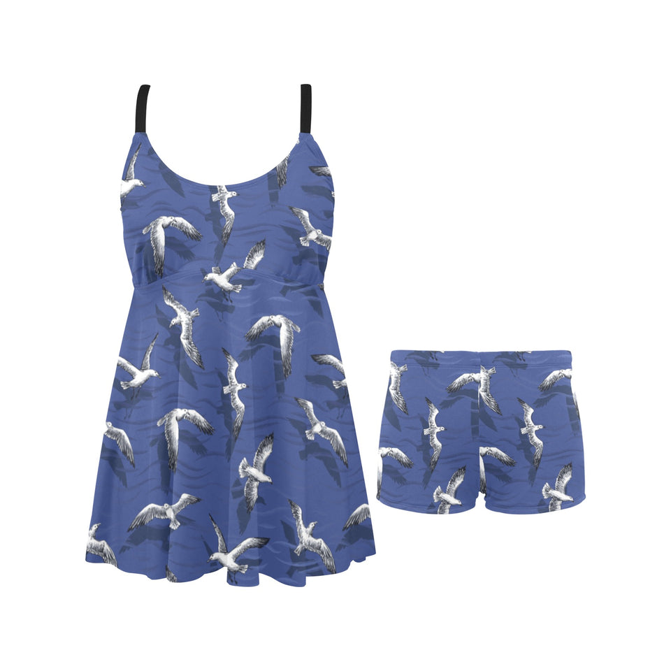 Seagull Pattern Print Design 03 Chest Sexy Pleated Two Piece Swim Dress