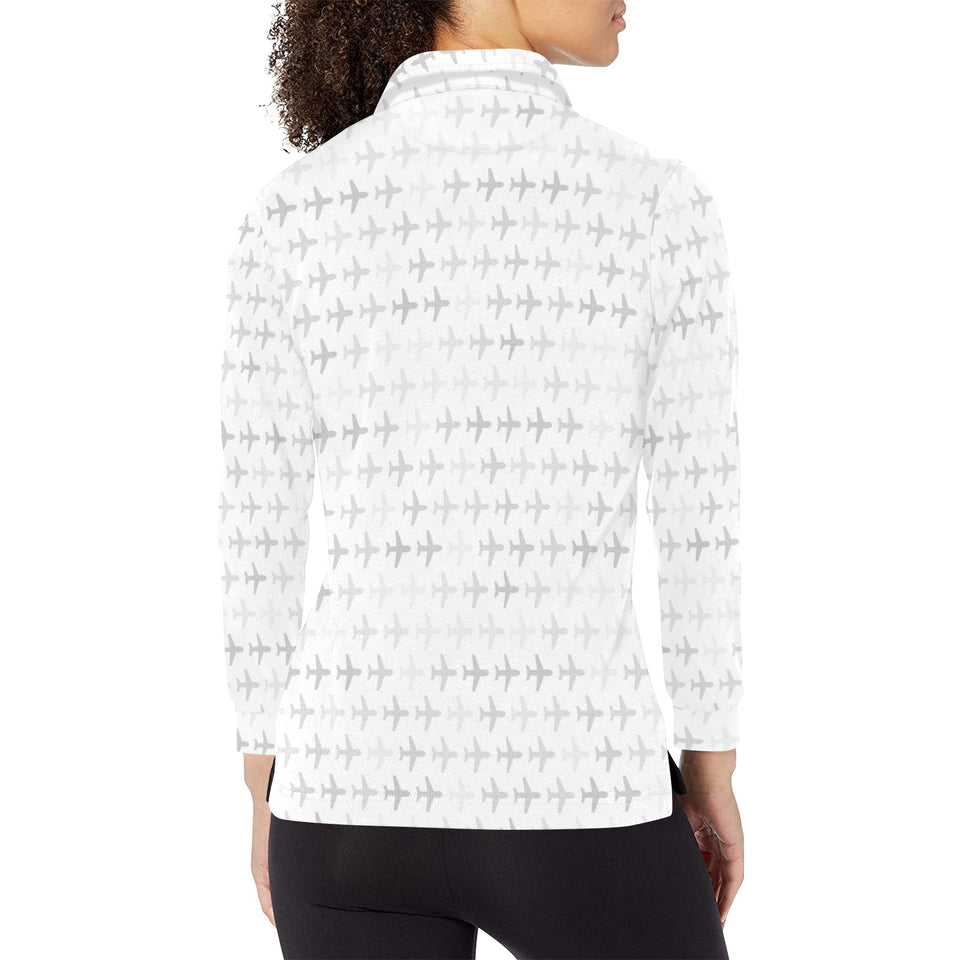 Airplane print pattern Women's Long Sleeve Polo Shirt