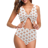 Sausage Pattern Print Design 05 Chest Bowknot High Waisted Bikini Swimsuit