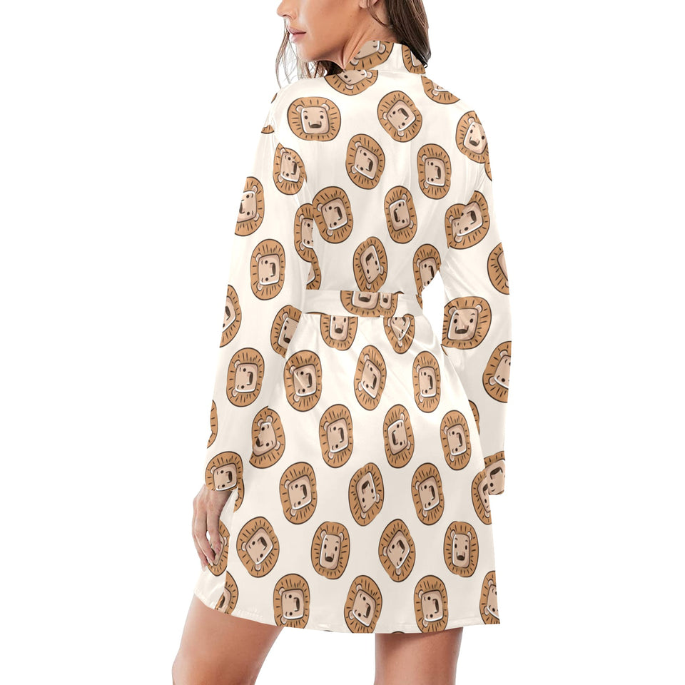 Lion Pattern Print Design 01 Women's Long Sleeve Belted Night Robe