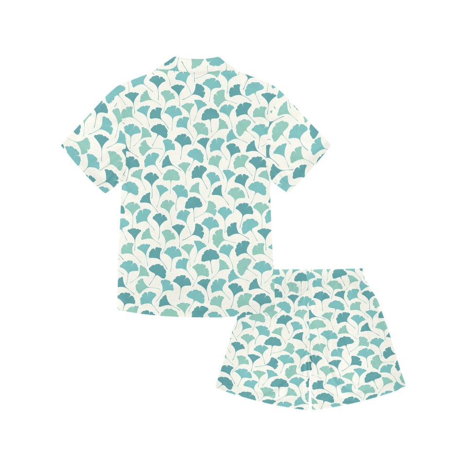 Green ginkgo leaves pattern Kids' Boys' Girls' V-Neck Short Pajama Set