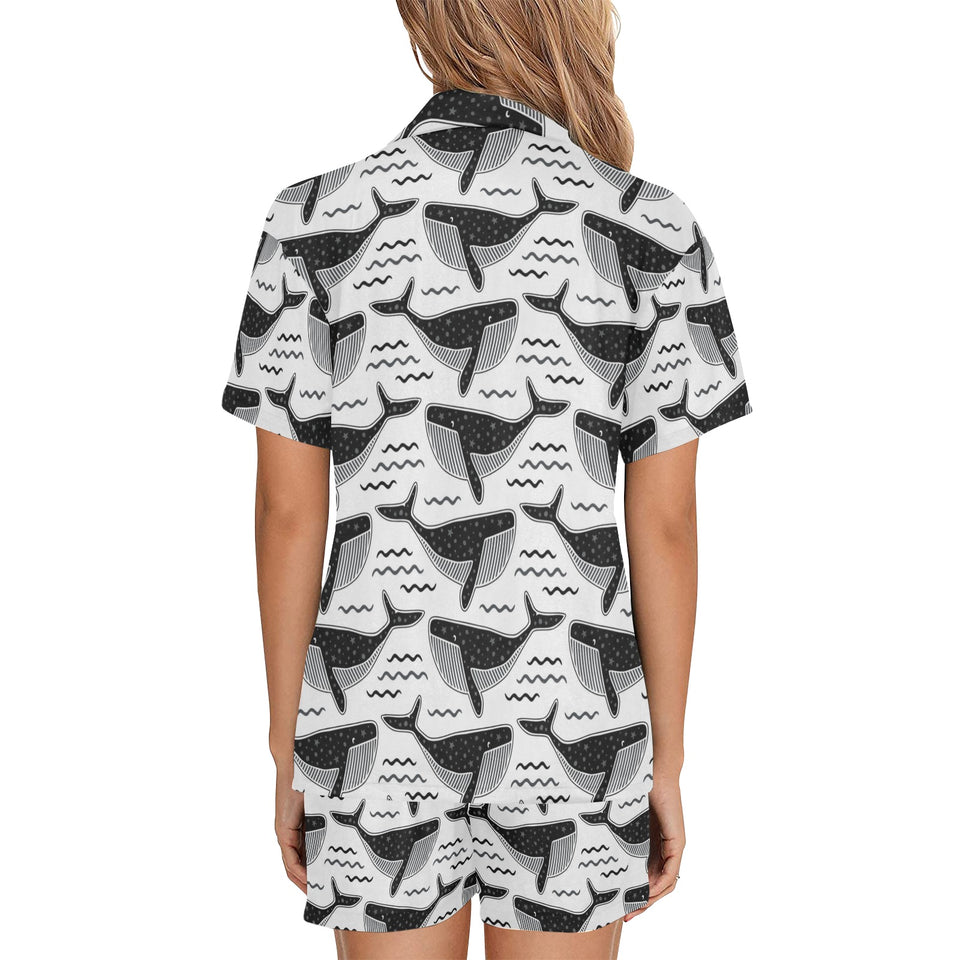 Black whale pattern Women's V-Neck Short Pajama Set