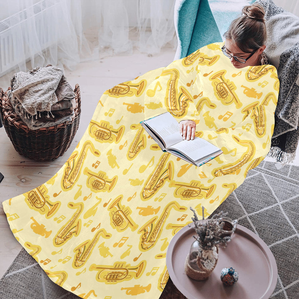 Saxophone cornet pattern yellow background Blanket Robe with Sleeves
