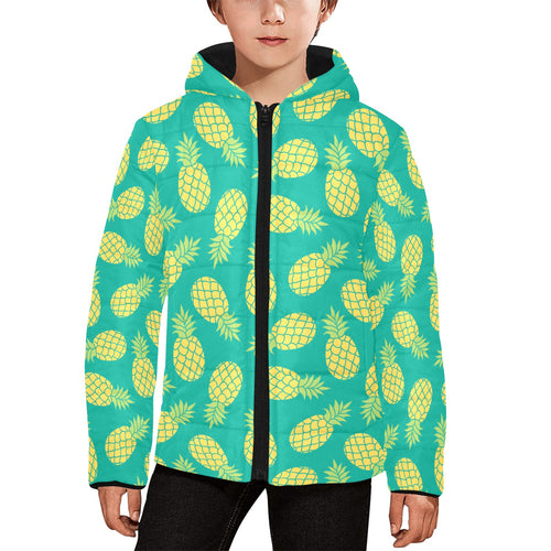 Pineapples pattern green background Kids' Boys' Girls' Padded Hooded Jacket