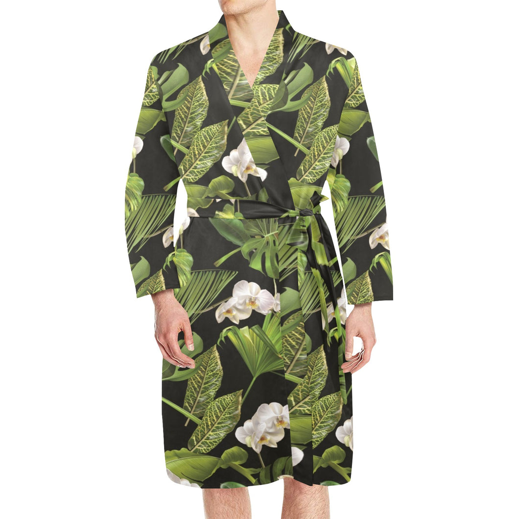 White orchid flower tropical leaves pattern blackg Men's Long Sleeve Belted Night Robe