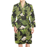 White orchid flower tropical leaves pattern blackg Men's Long Sleeve Belted Night Robe
