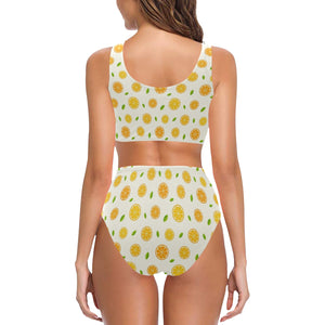 oranges leaves pattern Chest Bowknot High Waisted Bikini Swimsuit