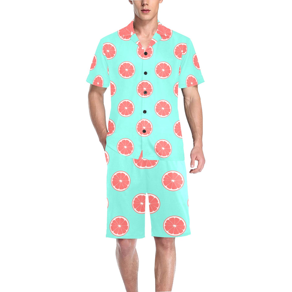 Grapefruit green background Men's V-Neck Short Pajama Set