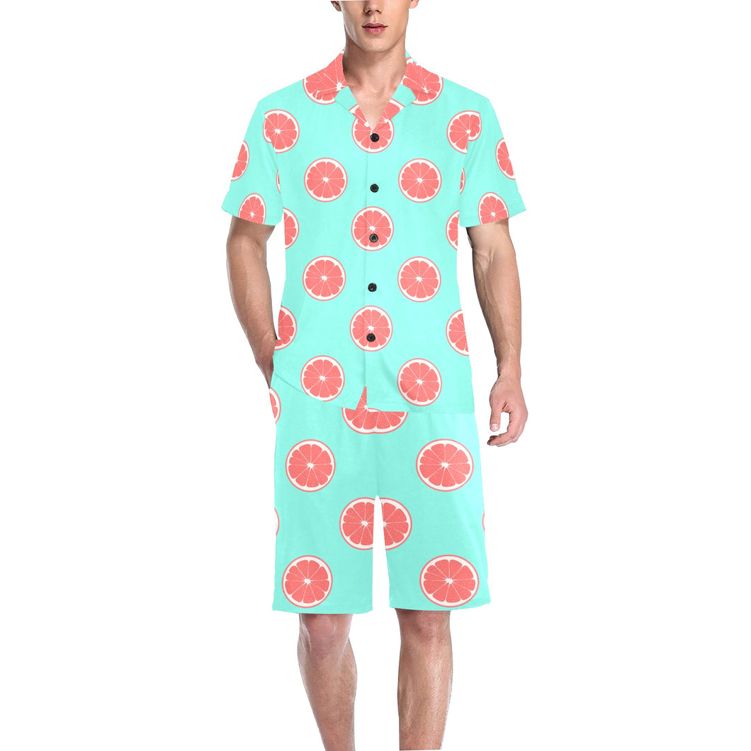 Grapefruit green background Men's V-Neck Short Pajama Set