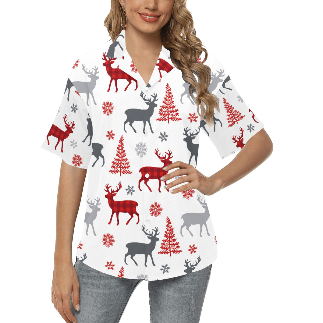 Deer tree snowflakes chrismas pattern Women's All Over Print Hawaiian Shirt