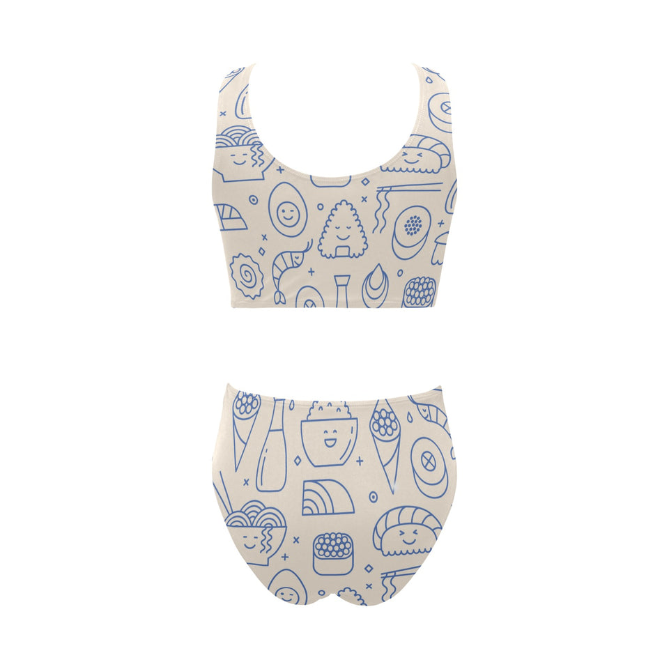 Cute sushi icon pattern Chest Bowknot High Waisted Bikini Swimsuit