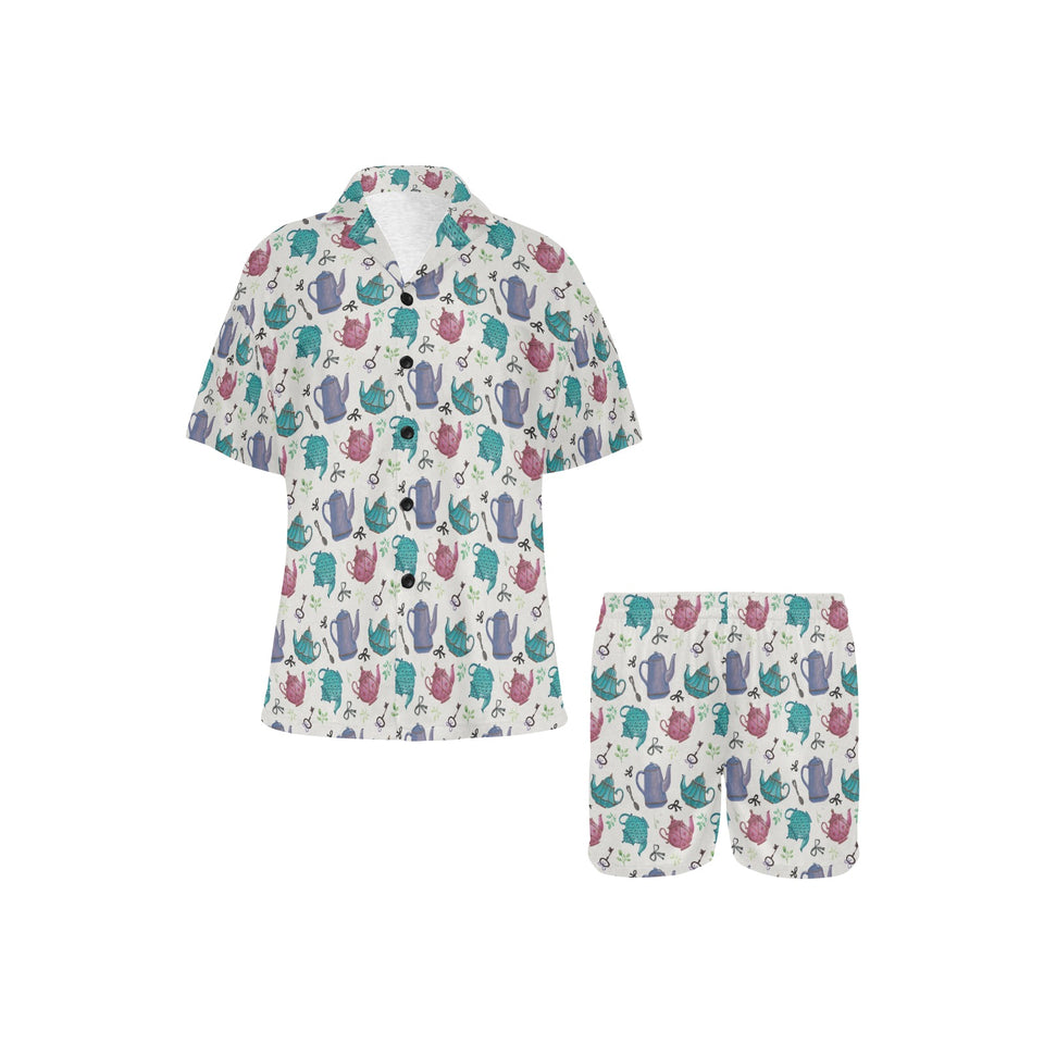 Tea pots Pattern Print Design 05 Women's V-Neck Short Pajama Set