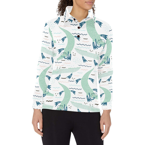Crocodile diver pattern Women's Long Sleeve Polo Shirt