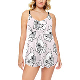 Cute french bulldog pattern Chest Sexy Pleated Two Piece Swim Dress