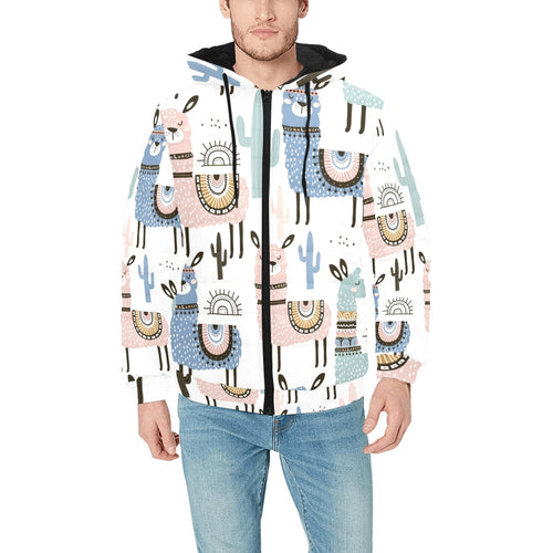lama Alpaca cactus hand drawn pattern Men's Padded Hooded Jacket