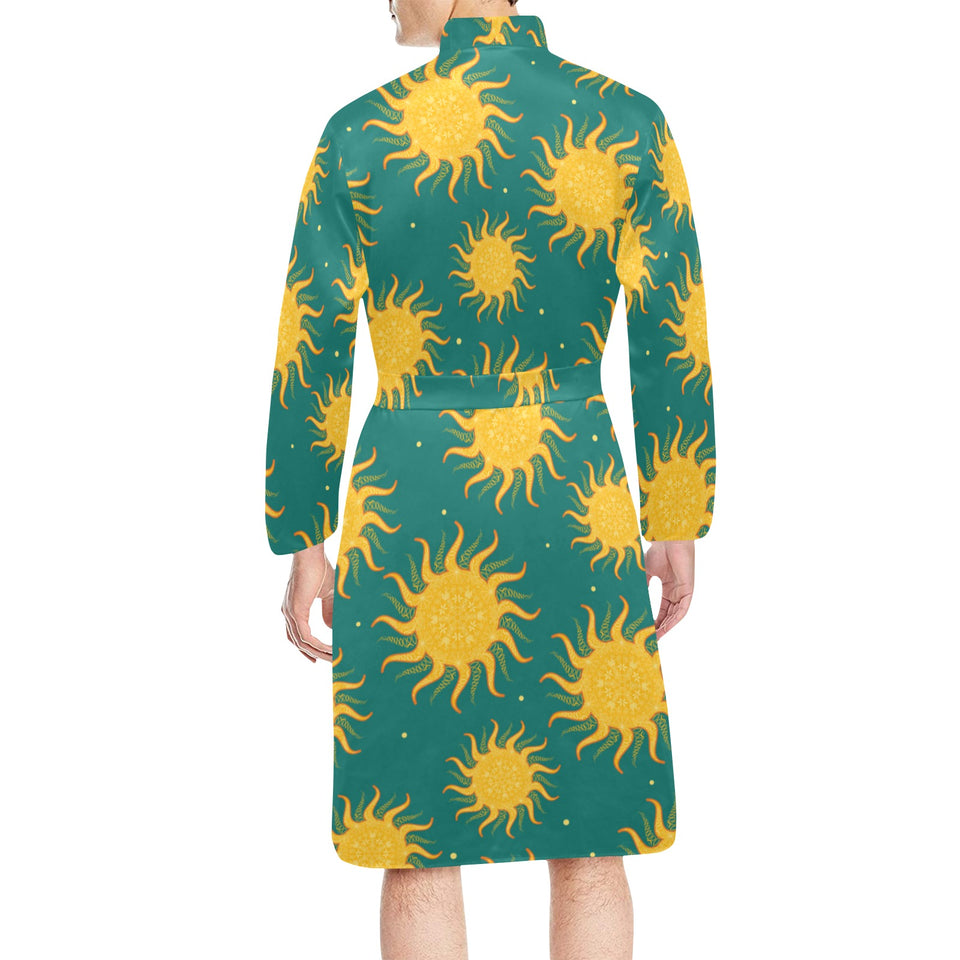 Sun green background Men's Long Sleeve Belted Night Robe