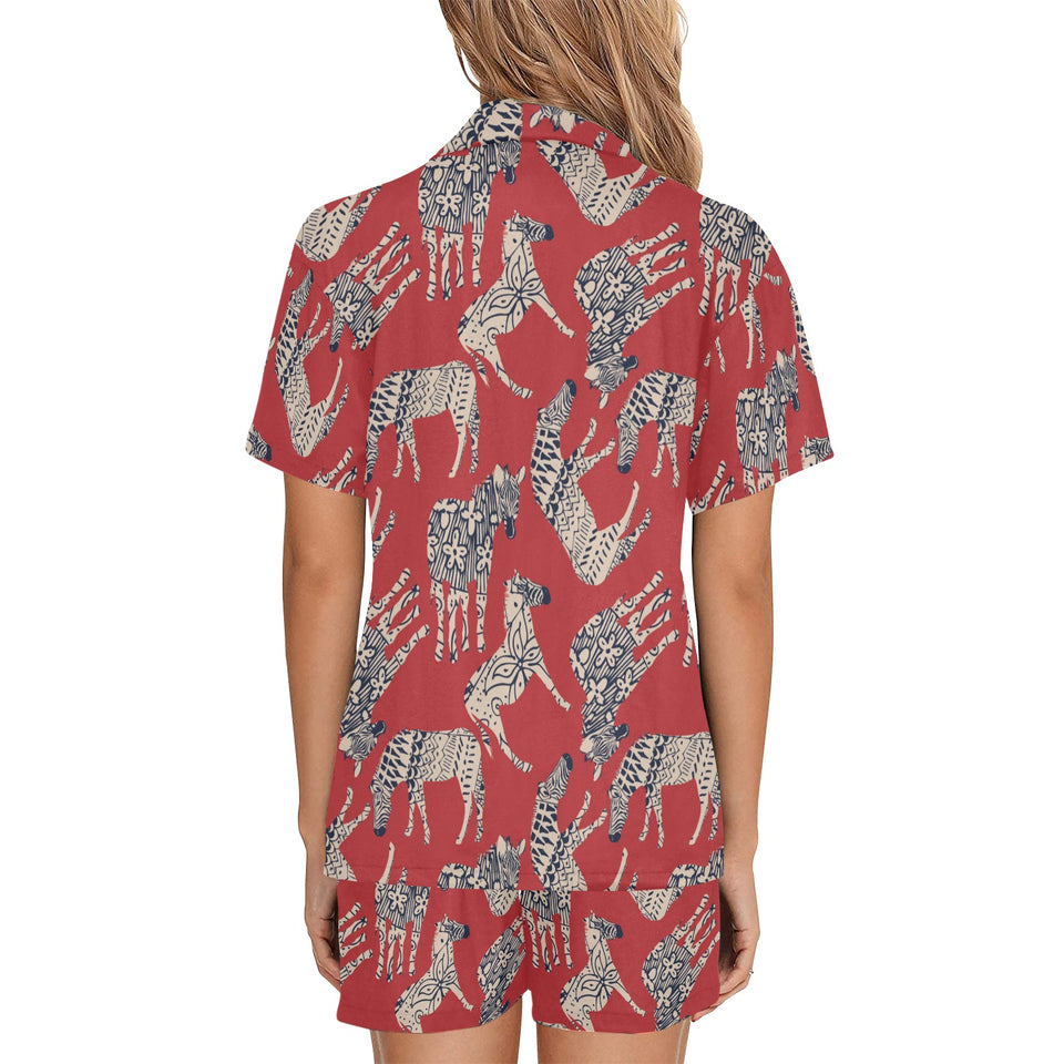 Zebra abstract red background Women's V-Neck Short Pajama Set