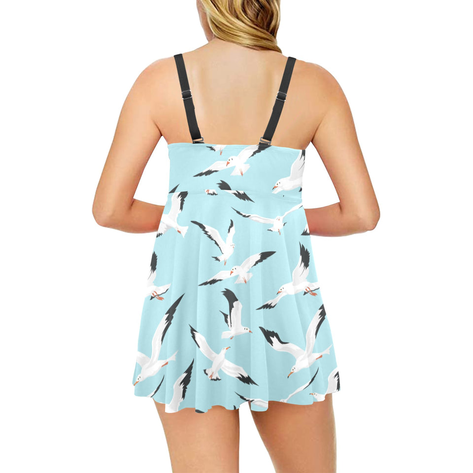 Seagull Pattern Print Design 01 Chest Sexy Pleated Two Piece Swim Dress