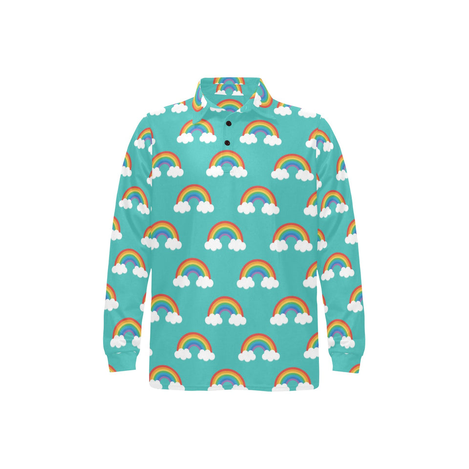 Rainbow pattern green background Men's Long Sleeve Polo Shirt