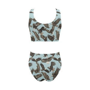 Eagle Pattern Print Design 01 Chest Bowknot High Waisted Bikini Swimsuit