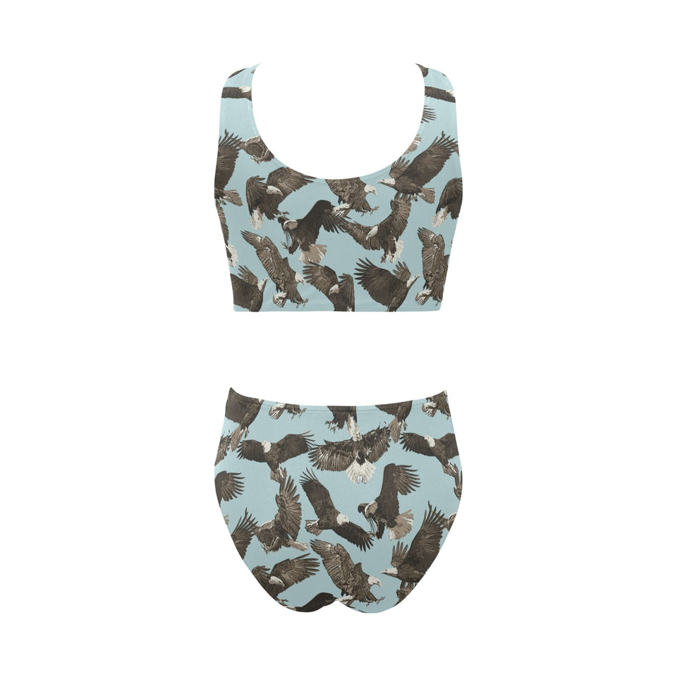 Eagle Pattern Print Design 01 Chest Bowknot High Waisted Bikini Swimsuit