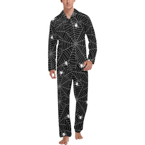 Spider web design pattern Black background white c Men's Long Pajama Set
