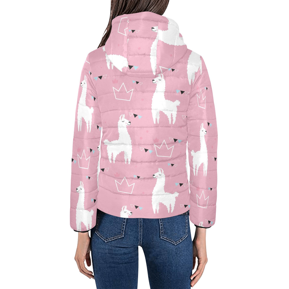 Llama Alpaca pink background Women's Padded Hooded Jacket