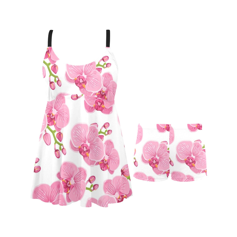 pink purple orchid pattern background Chest Sexy Pleated Two Piece Swim Dress