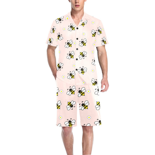 Cute bee flower pattern pink background Men's V-Neck Short Pajama Set