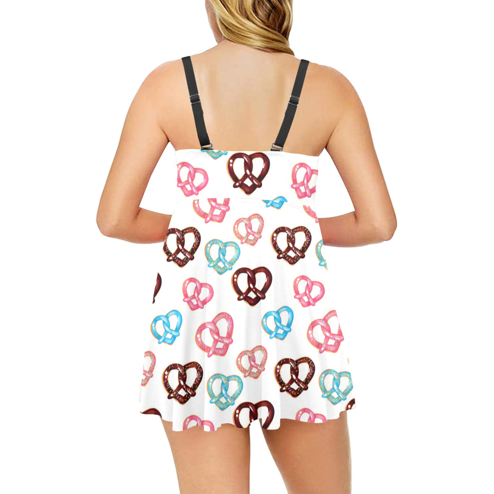 Pretzels Pattern Print Design 04 Chest Sexy Pleated Two Piece Swim Dress