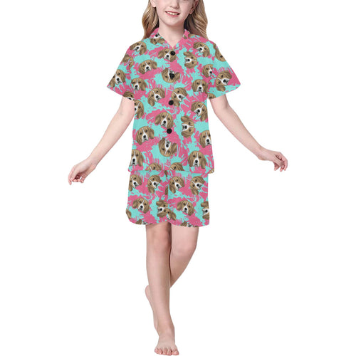Beagle muzzles turquoise paint splashes pink patte Kids' Boys' Girls' V-Neck Short Pajama Set