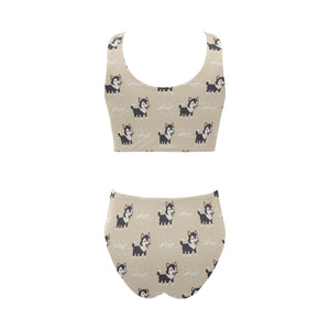 Cute Siberian Husky Chest Bowknot High Waisted Bikini Swimsuit