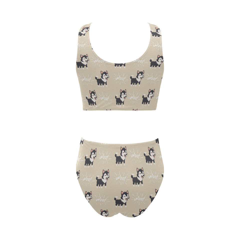 Cute Siberian Husky Chest Bowknot High Waisted Bikini Swimsuit