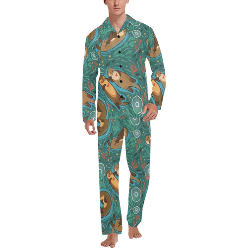 cute brown sea otters ornamental seaweed corals gr Men's Long Pajama Set