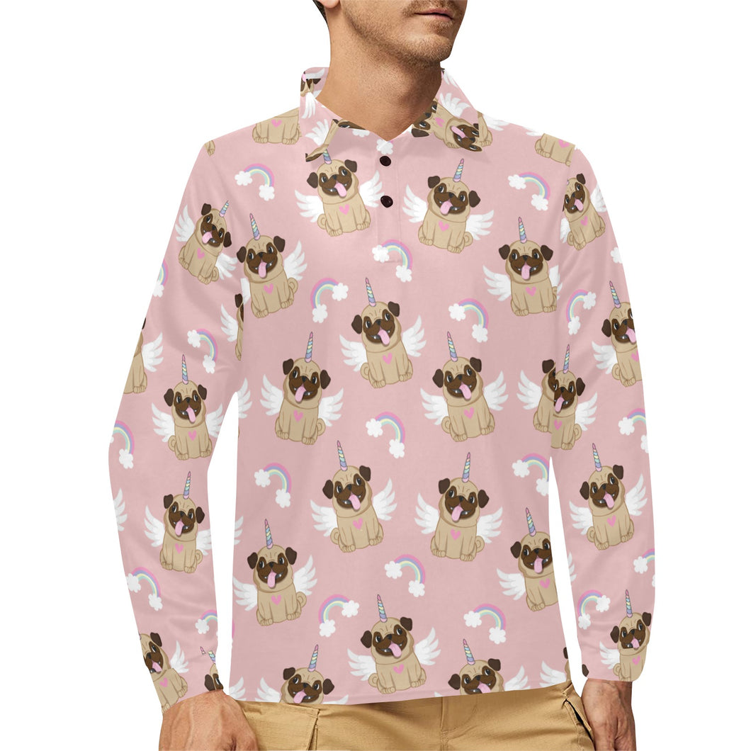 Cute unicorn pug pattern Men's Long Sleeve Polo Shirt