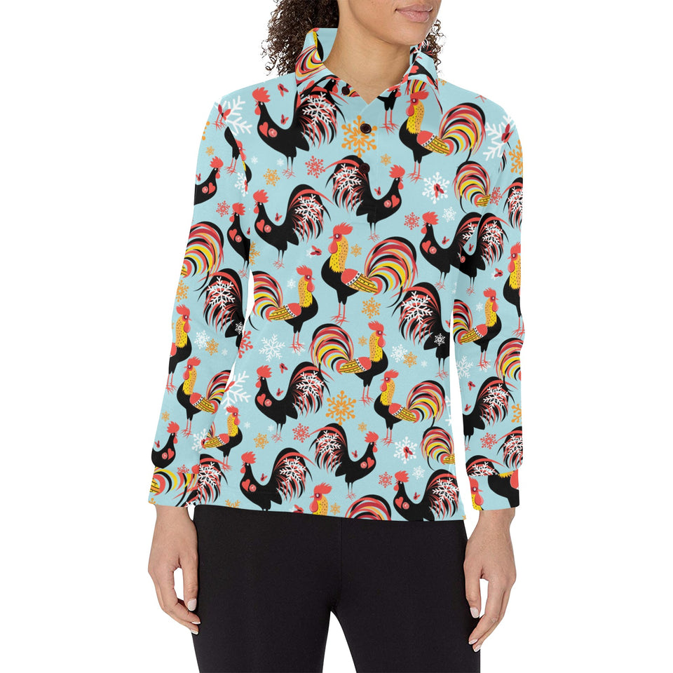 Rooster chicken cock snowfalke Women's Long Sleeve Polo Shirt