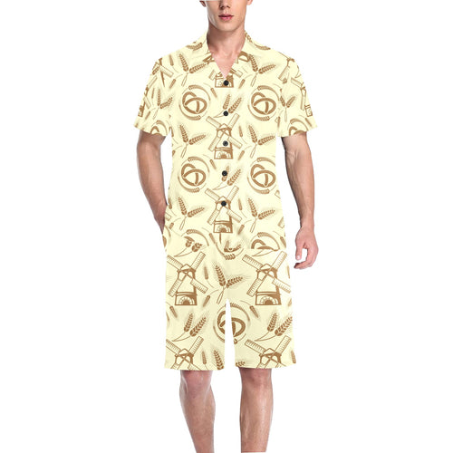 Windmill Wheat pattern Men's V-Neck Short Pajama Set