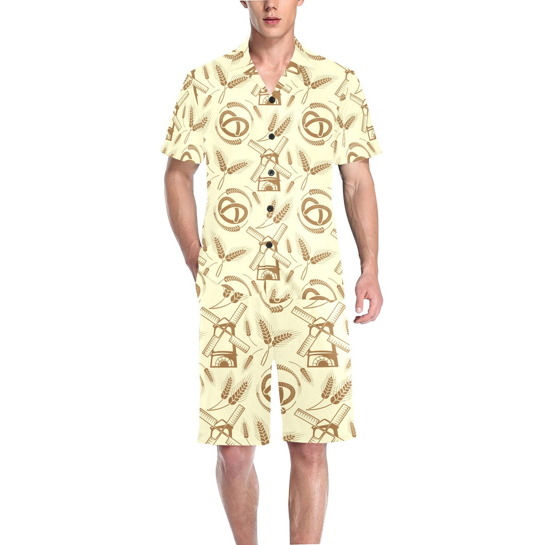 Windmill Wheat pattern Men's V-Neck Short Pajama Set