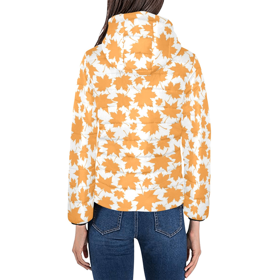 Orange Maple Leaf pattern Women's Padded Hooded Jacket