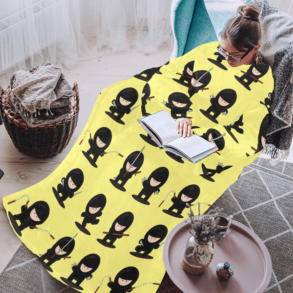 Cute ninja yellow background Blanket Robe with Sleeves