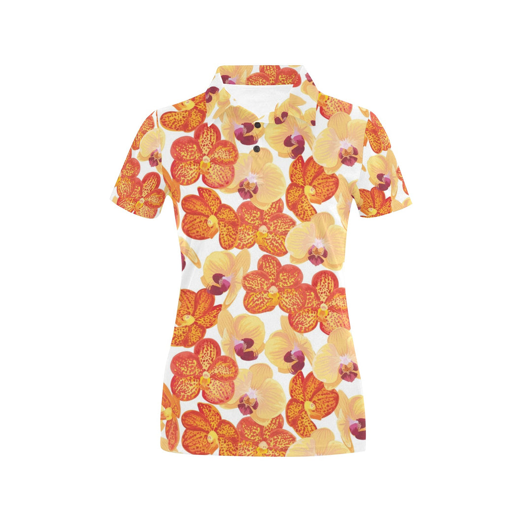 Orange yellow orchid flower pattern background Women's All Over Print Polo Shirt