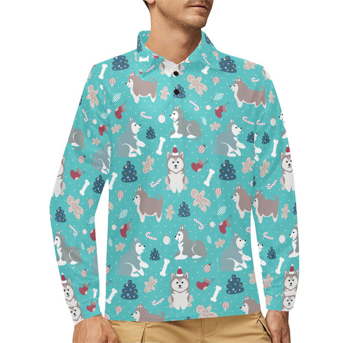Christmas cute siberian husky puppie pattern Men's Long Sleeve Polo Shirt