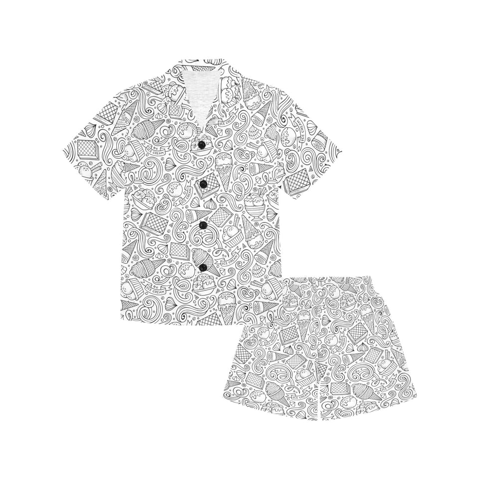 Cartoon hand drawn ice cream black white Kids' Boys' Girls' V-Neck Short Pajama Set