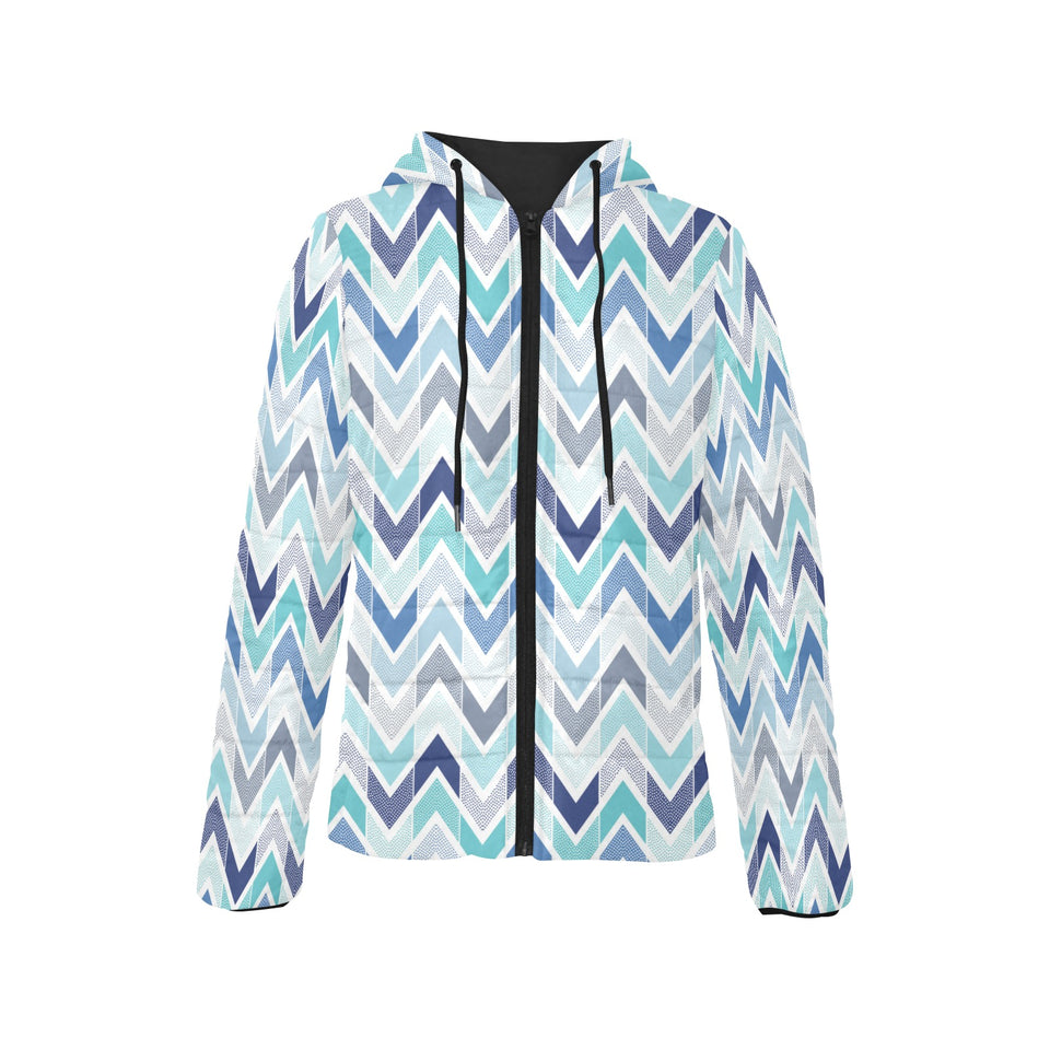 zigzag chevron blue pattern Women's Padded Hooded Jacket